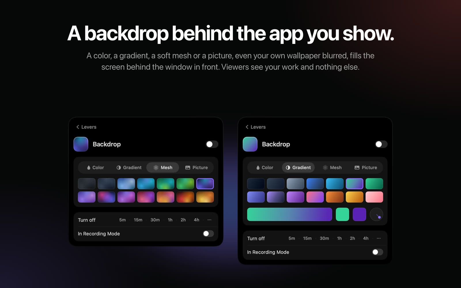 The Backdrop switch in Levers, with its color, gradient, mesh and picture looks and an off timer