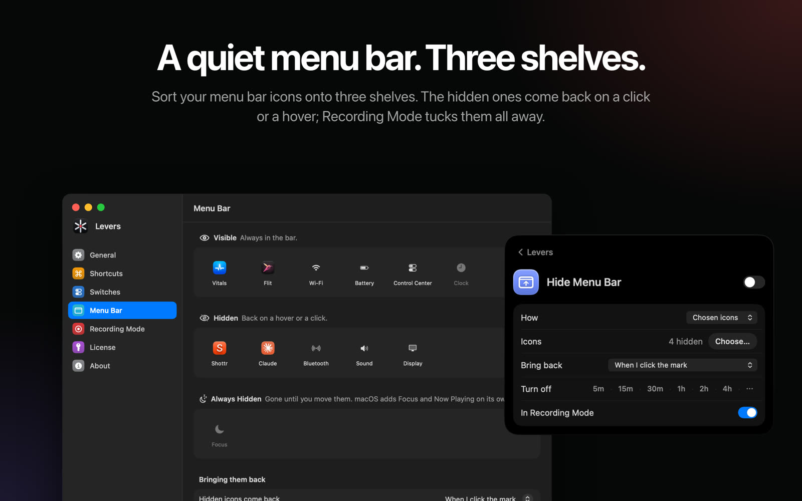 The Menu Bar page in Levers Settings, with icons on the Visible, Hidden and Always Hidden shelves, and the Hide Menu Bar switch beside it