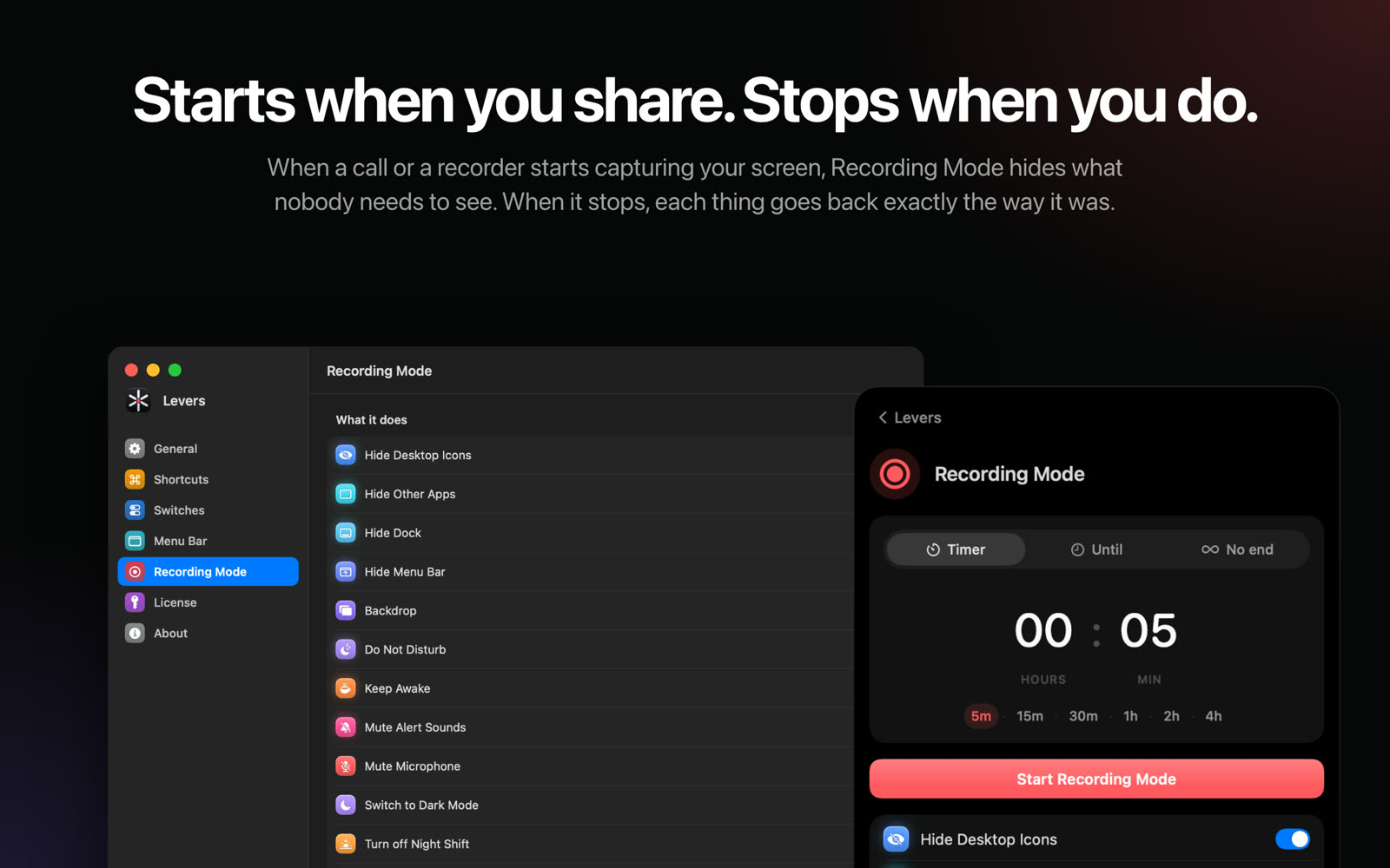 Recording Mode in Levers: the list of what it changes in Settings, and the dropdown with its timer and Start button